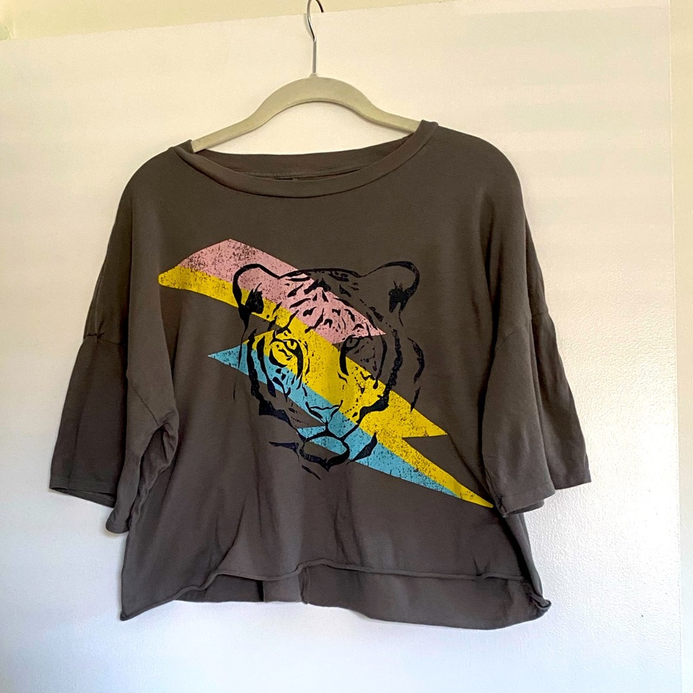 Gray Boxy Cropped Tiger Graphic T-Shirt